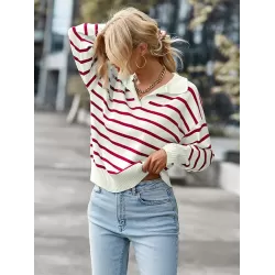 Casual Loose Striped Polo Sweater Top