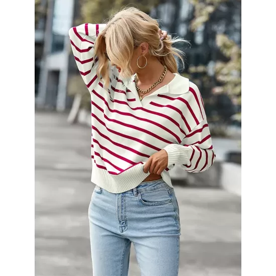 Casual Loose Striped Polo Sweater Top