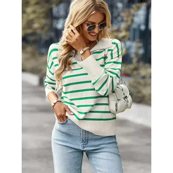 Casual Loose Striped Polo Sweater Top