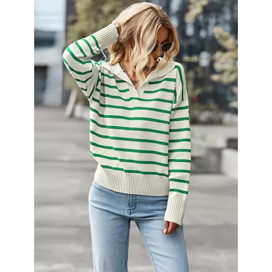 Casual Loose Striped Polo Sweater Top