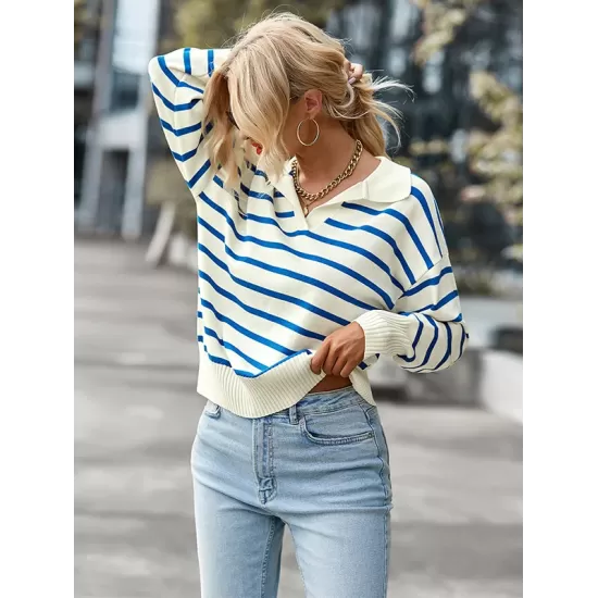 Casual Loose Striped Polo Sweater Top