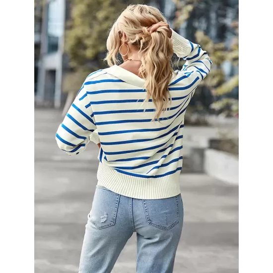 Casual Loose Striped Polo Sweater Top