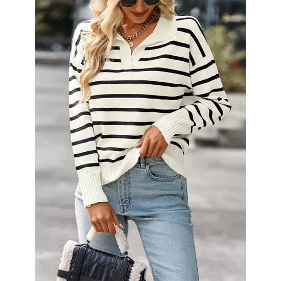 Casual Loose Striped Polo Sweater Top