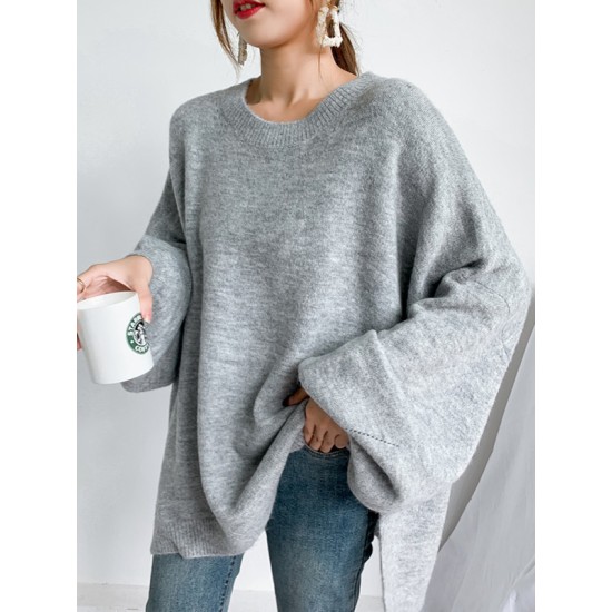 Stretch Mohair-Blend Balloon Sleeves Loose Solid Round-Neck Sweater Tops