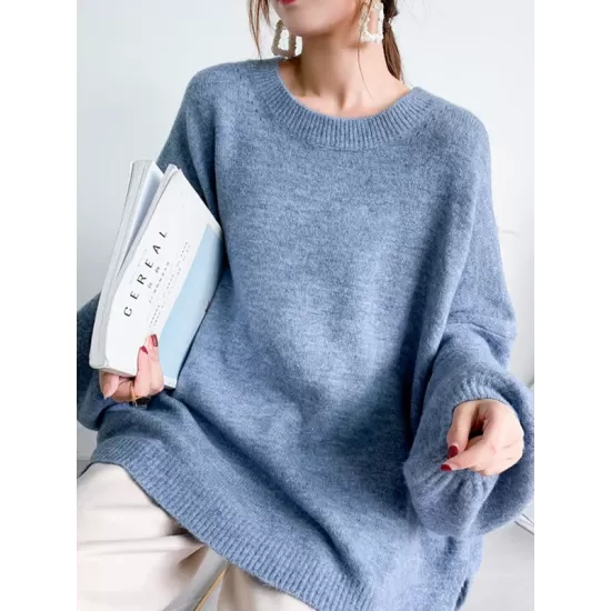 Stretch Mohair-Blend Balloon Sleeves Loose Solid Round-Neck Sweater Tops