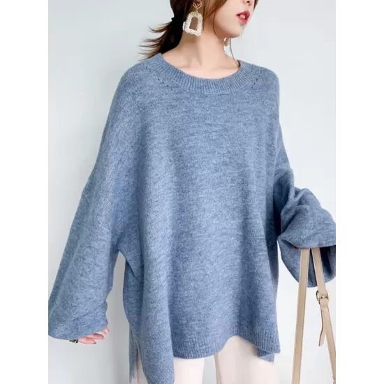 Stretch Mohair-Blend Balloon Sleeves Loose Solid Round-Neck Sweater Tops