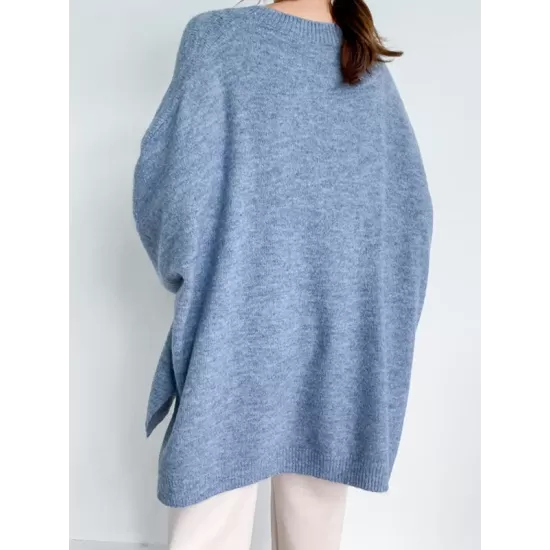 Stretch Mohair-Blend Balloon Sleeves Loose Solid Round-Neck Sweater Tops