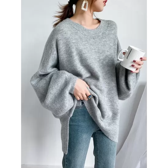 Stretch Mohair-Blend Balloon Sleeves Loose Solid Round-Neck Sweater Tops