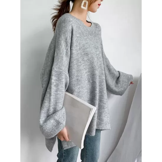 Stretch Mohair-Blend Balloon Sleeves Loose Solid Round-Neck Sweater Tops