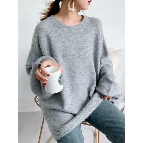 Stretch Mohair-Blend Balloon Sleeves Loose Solid Round-Neck Sweater Tops