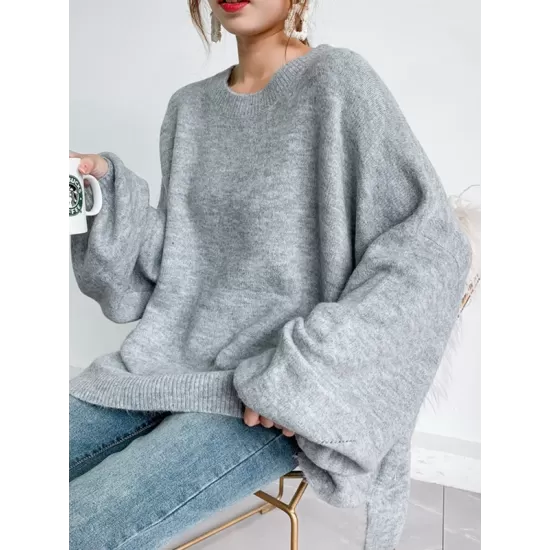 Stretch Mohair-Blend Balloon Sleeves Loose Solid Round-Neck Sweater Tops