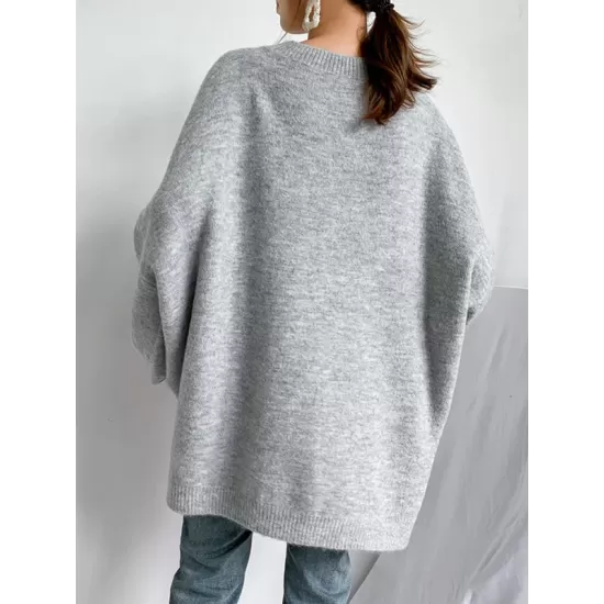 Stretch Mohair-Blend Balloon Sleeves Loose Solid Round-Neck Sweater Tops