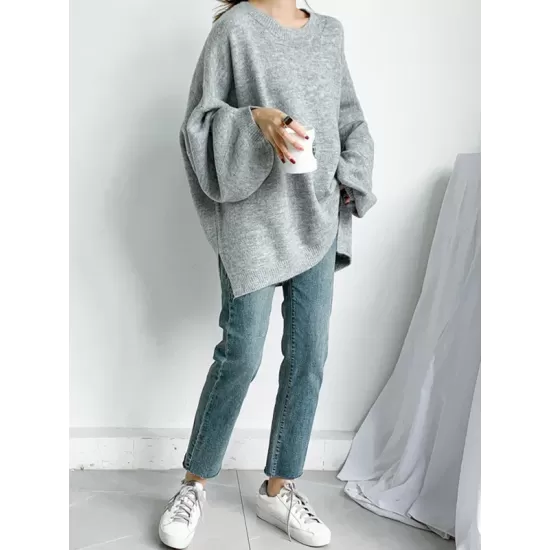 Stretch Mohair-Blend Balloon Sleeves Loose Solid Round-Neck Sweater Tops