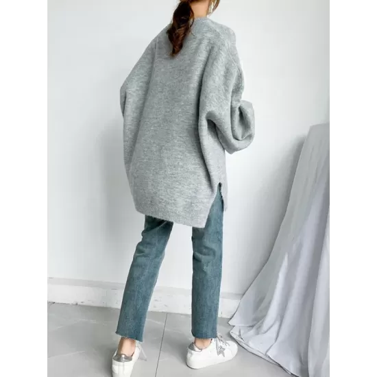 Stretch Mohair-Blend Balloon Sleeves Loose Solid Round-Neck Sweater Tops