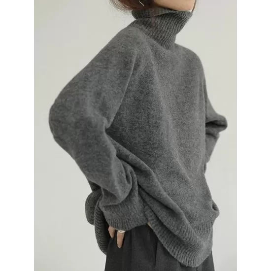 Casual Loose Long Sleeves Solid Color High-Neck Sweater Tops