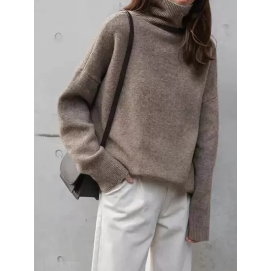 Casual Loose Long Sleeves Solid Color High-Neck Sweater Tops