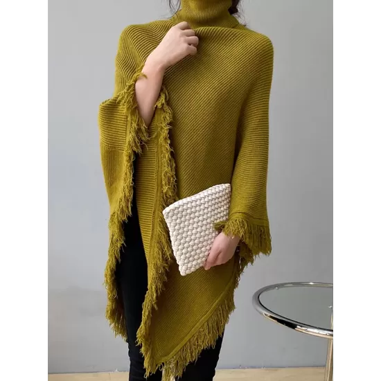 Casual Loose Tasseled Solid Color High-Neck Sweater Tops