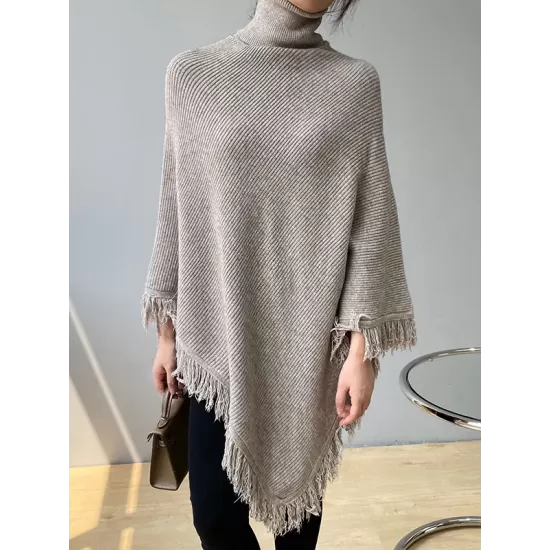 Casual Loose Tasseled Solid Color High-Neck Sweater Tops