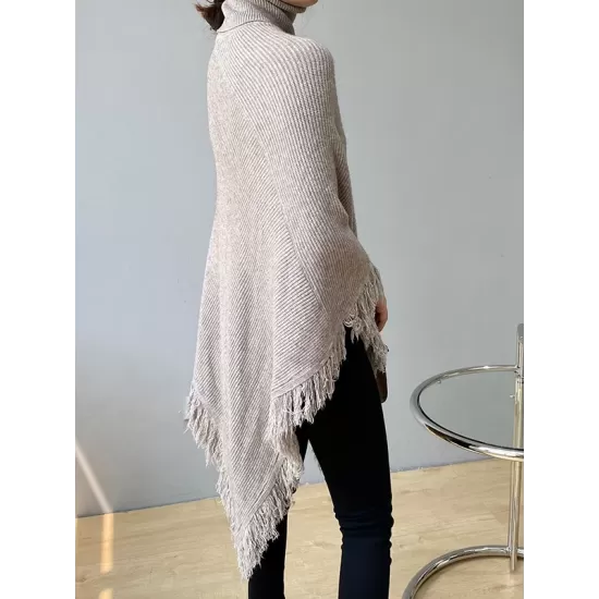 Casual Loose Tasseled Solid Color High-Neck Sweater Tops