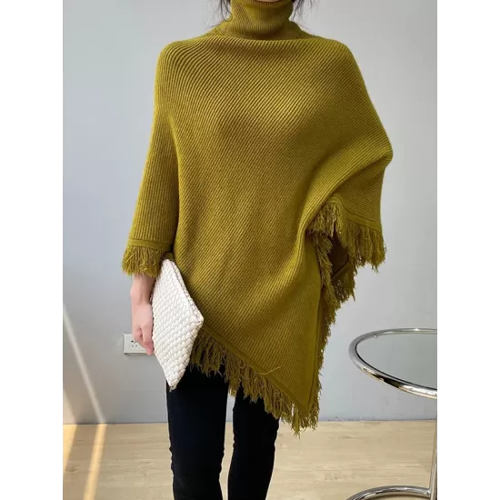 Casual Loose Tasseled Solid Color High-Neck Sweater Tops