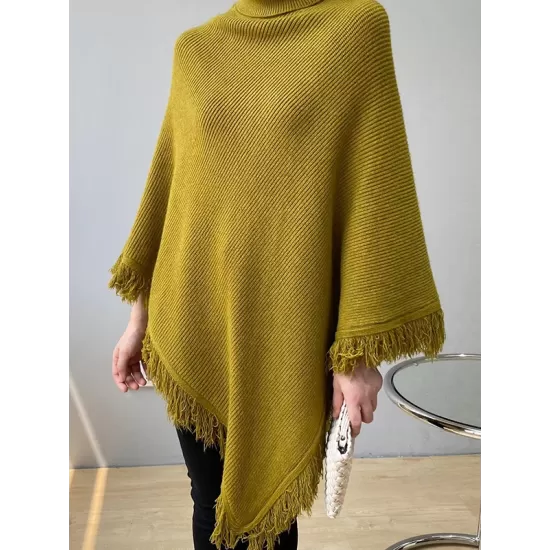 Casual Loose Tasseled Solid Color High-Neck Sweater Tops