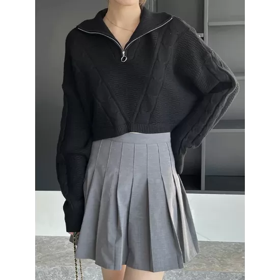 Simple Batwing Sleeves Long Sleeves Jacquard Solid Color Lapel Collar Sweater Tops