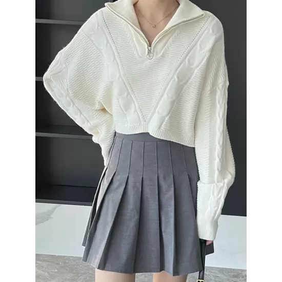 Simple Batwing Sleeves Long Sleeves Jacquard Solid Color Lapel Collar Sweater Tops