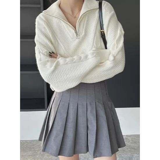 Simple Batwing Sleeves Long Sleeves Jacquard Solid Color Lapel Collar Sweater Tops