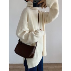 Casual Long Sleeves Loose Solid Color High-Neck Sweater Tops