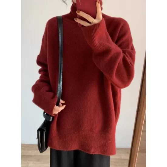 Casual Long Sleeves Loose Solid Color High-Neck Sweater Tops