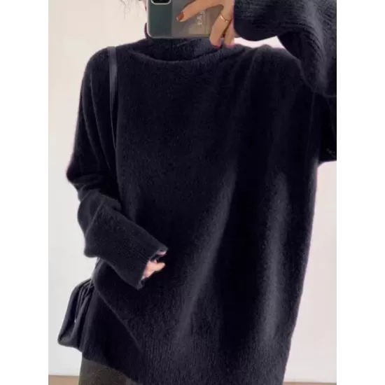 Casual Long Sleeves Loose Solid Color High-Neck Sweater Tops