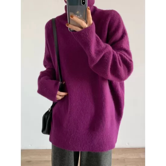 Casual Long Sleeves Loose Solid Color High-Neck Sweater Tops