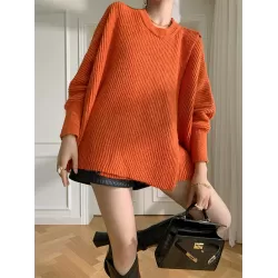 Irregularity Loose Solid Color Batwing Sleeves Round-Neck Sweater Tops