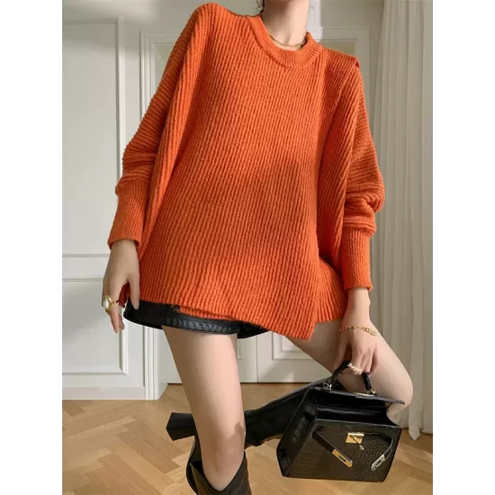 Irregularity Loose Solid Color Batwing Sleeves Round-Neck Sweater Tops