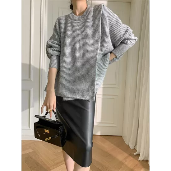 Irregularity Loose Solid Color Batwing Sleeves Round-Neck Sweater Tops