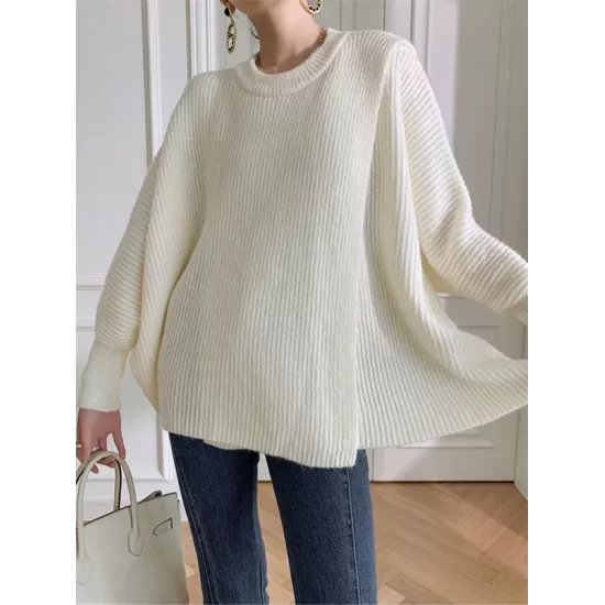 Irregularity Loose Solid Color Batwing Sleeves Round-Neck Sweater Tops