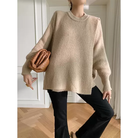 Irregularity Loose Solid Color Batwing Sleeves Round-Neck Sweater Tops