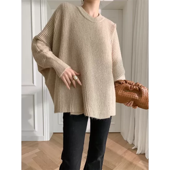 Irregularity Loose Solid Color Batwing Sleeves Round-Neck Sweater Tops