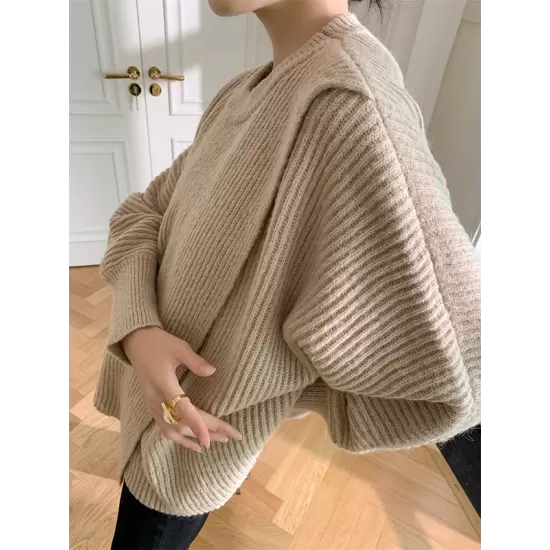 Irregularity Loose Solid Color Batwing Sleeves Round-Neck Sweater Tops