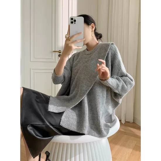 Irregularity Loose Solid Color Batwing Sleeves Round-Neck Sweater Tops