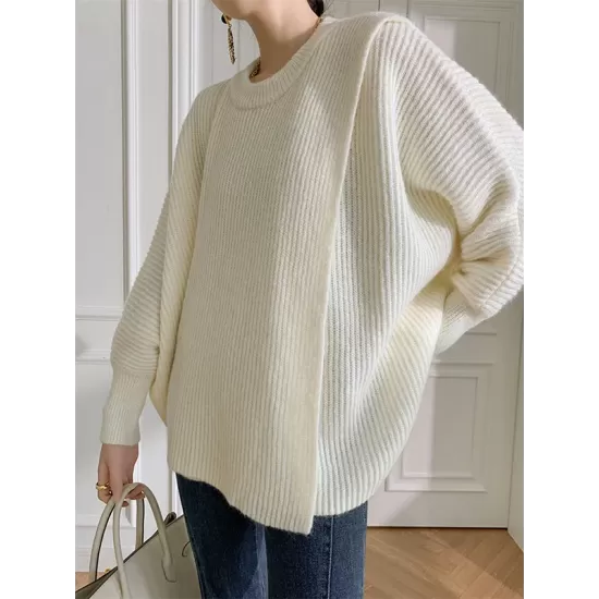 Irregularity Loose Solid Color Batwing Sleeves Round-Neck Sweater Tops