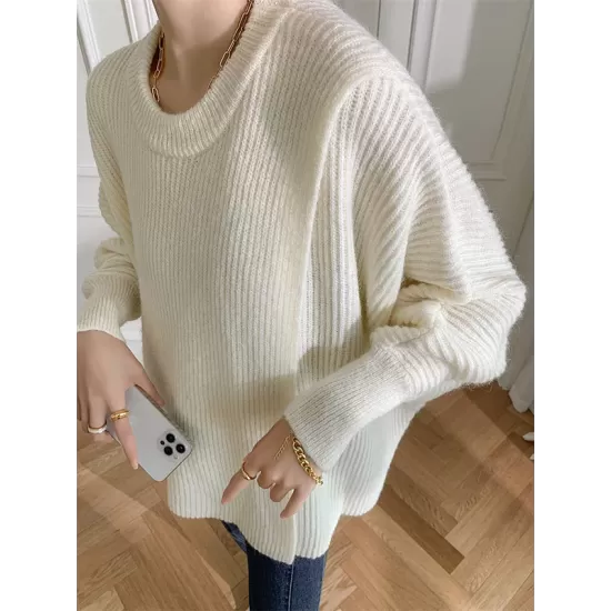 Irregularity Loose Solid Color Batwing Sleeves Round-Neck Sweater Tops