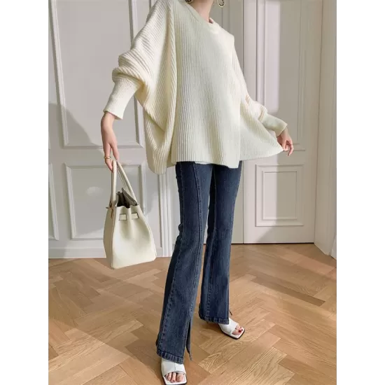 Irregularity Loose Solid Color Batwing Sleeves Round-Neck Sweater Tops