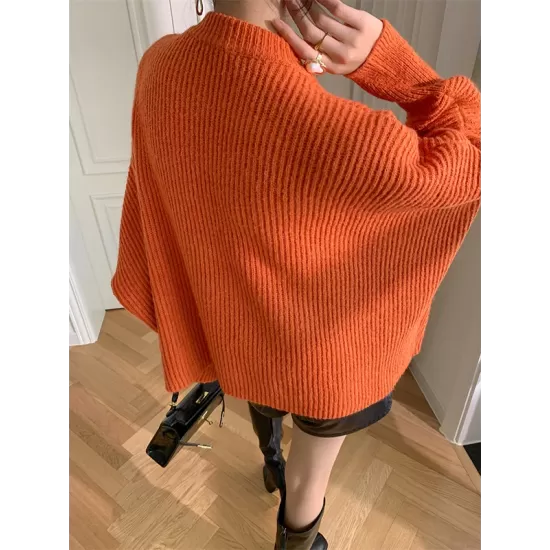 Irregularity Loose Solid Color Batwing Sleeves Round-Neck Sweater Tops