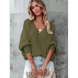 Loose Batwing Sleeves Twist Solid Color V-Neck Sweater Tops