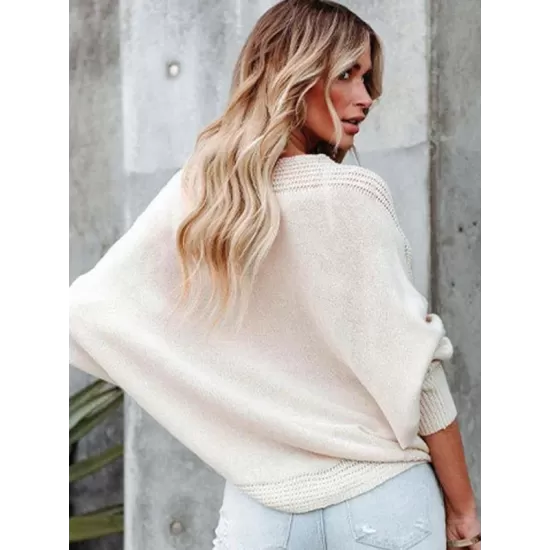 Loose Batwing Sleeves Twist Solid Color V-Neck Sweater Tops