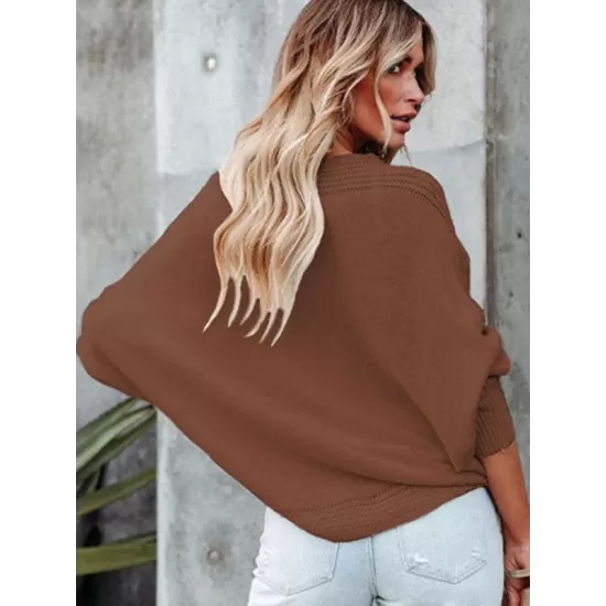 Loose Batwing Sleeves Twist Solid Color V-Neck Sweater Tops