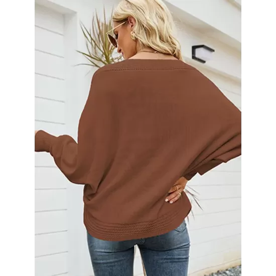 Loose Batwing Sleeves Twist Solid Color V-Neck Sweater Tops