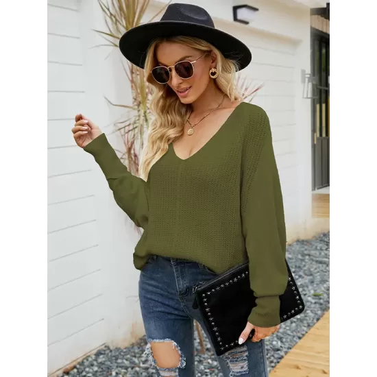 Loose Batwing Sleeves Twist Solid Color V-Neck Sweater Tops