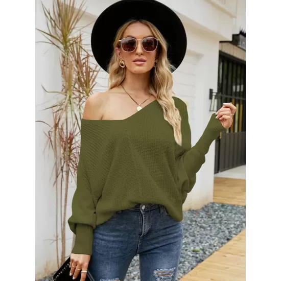 Loose Batwing Sleeves Twist Solid Color V-Neck Sweater Tops